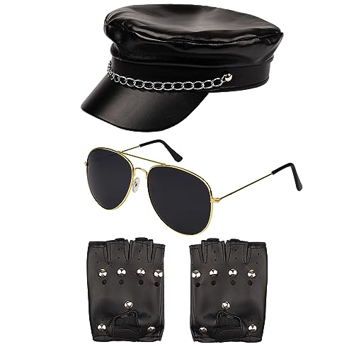 Bohue 3 Stück Herren 80er Jahre Biker Kostüm Zubehör Schwarz Biker Cap mit Kette Sonnenbrille Punk Handschuhe Party Kostüm Dress Up Zubehör für Erwachsene von Bohue