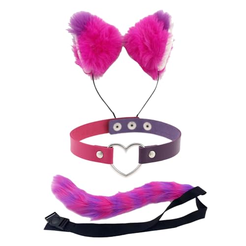 Bohue 3 Stück rosa und lila gestreiftes Katzenkostüm, Katzenohren, Stirnband, pelziger Schwanz und PU-Halsband, Halloween-Cosplay-Zubehör, Partyzubehör für Frauen Bohue 3 Stück rosa und lila gestreiftes Katzenkostüm, Katzenohren, Stirnband, pelziger Schwanz und PU-Halsband, Halloween-Cosplay-Zubehör, Partyzubehör für Frauen von Bohue