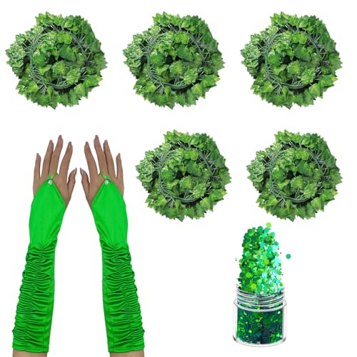 Bohue 7 x grünes Halloween-Kostüm, lange fingerlose Handschuhe, künstliche grüne Reben, Gesicht, Glitzer, Efeu-Kostüm, Zubehör für Halloween, Damen, Cosplay von Bohue