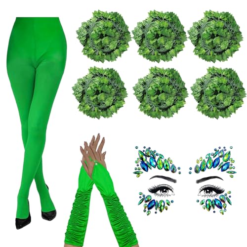 Bohue 9pcs Halloween Grün Cosplay Kostüm Grüne Strumpfhose Fingerlose Handschuh Halloween Gesicht Tattoo Künstliche Efeu Reben Cosplay Efeu Kostüm für Frauen Mädchen von Bohue