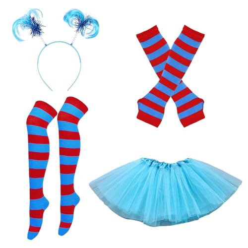 Bohue Blaues Tutu-Kostüm-Zubehör, blaues Pompom-Stirnband, Tutu-Rock, gestreifte Oberschenkelhohe Socken, Handschuhe, Pferdeschwanz, Stirnband, Halloween, Cosplay, Outfit für Damen, 4 Stück Bohue Blaues Tutu-Kostüm-Zubehör, blaues Pompom-Stirnband, Tutu-Rock, gestreifte Oberschenkelhohe Socken, Handschuhe, Pferdeschwanz, Stirnband, Halloween, Cosplay, Outfit für Damen, 4 Stück von Bohue
