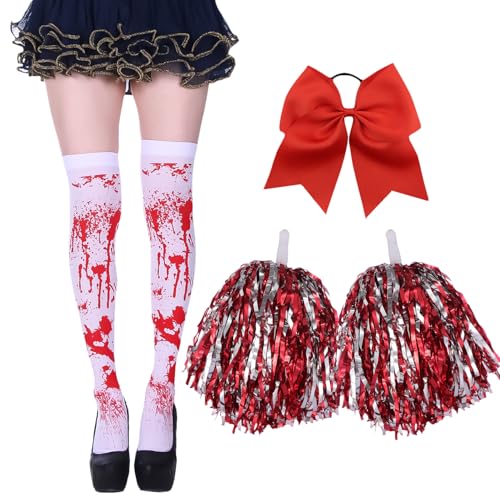 Bohue Zombie-Cheerleader-Kostüm für Mädchen, rote Schleife, Socken, Cheerleader-Bommeln, Halloween-Kostüm, für Mädchen, Party, 4 Stück Bohue Zombie-Cheerleader-Kostüm für Mädchen, rote Schleife, Socken, Cheerleader-Bommeln, Halloween-Kostüm, für Mädchen, Party, 4 Stück von Bohue