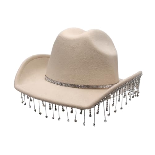 Bokcztml Western-Cowboy-Cowgirl-Hut für Damen, mit breitem Gürtel, Strass, Fransen, Cowgirl-Hut, breite Krempe, Party-Kostüm, Cowgirl-Hut mit Strasssteinen für Mädchen und Damen von Bokcztml