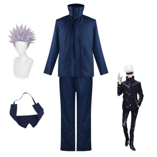 Anime Jujutsu Kaisen Satoru Gojo Cosplay Kostüm Uniform Outfit Halloween Party Anzug Mit Perücke (Blue,XXL) von Bokerom