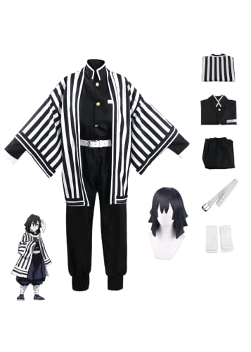 Bokerom Anime Demon Slayer Cosplay Kostüm für Iguro Obanai Outfit Halloween Party Kimono Streifen Uniform mit Perücke (Obanai,XL) von Bokerom