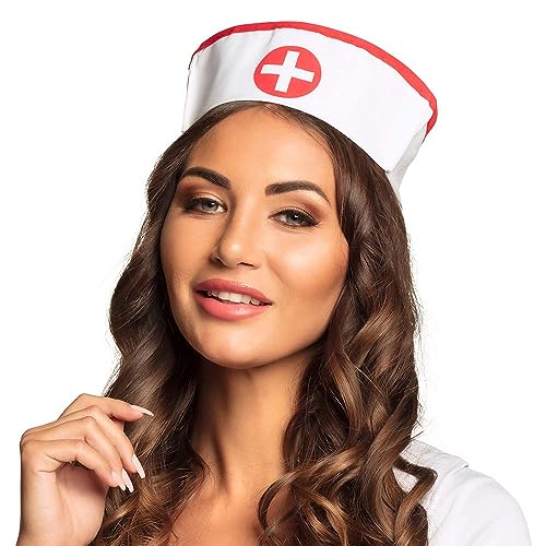 Boland 01380 - Haube Krankenschwester, für Erwachsene, Weiß-Rot, Hut, Kappe, Mütze, Ärztin, Kostüm, Karneval, Mottoparty, JGA von Boland