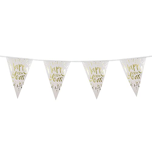 Boland 13460 - Wimpelkette Happy New Year, Länge 4 Meter, je Wimpel 21 x 31 cm, Weiß-Gold, Dekoration, Deko-Girlande, Silvester-Party, Jahreswechsel von Boland