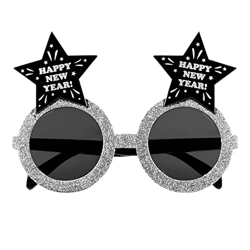 Boland 13471 - Party-Brille Happy New Year, Silber-Schwarz, Spaß-Brille mit Glitzer und Sternen, Accessoire, Silvester-Party, Neujahr von Boland
