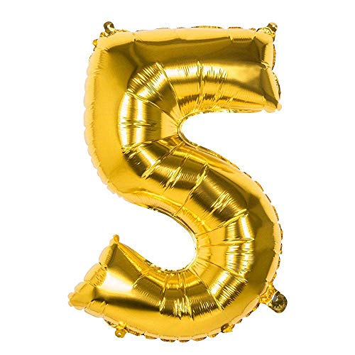 Boland 22025 - Folienballon Zahl '5' Gold 86 cm, Gold, Zahlenballon, Nummer, Ballon, Luft, Geburtstag, Jubiläum, Kindergeburtstag, Geschenk von Boland