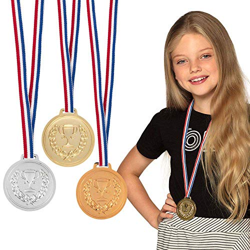 Boland 30841 - Medaillen Set, je 6 cm, 3 Podiumsmedaillen mit Halsband, Gold, Silber, Bronze, Trophäe, Sieg, Spielzeug, Sport, Mottoparty, Geburtstag von Boland