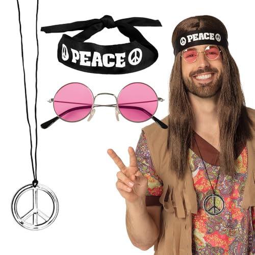 Boland 44518 - Zubehörset Peace, 3-teiliges Set, Stirnband, Partybrille und Halskette, Modeschmuck, Flower Power, 70er Jahre, Hippie, Accessoire, Verkleidung, Kostüm, Karneval, Mottoparty von Boland