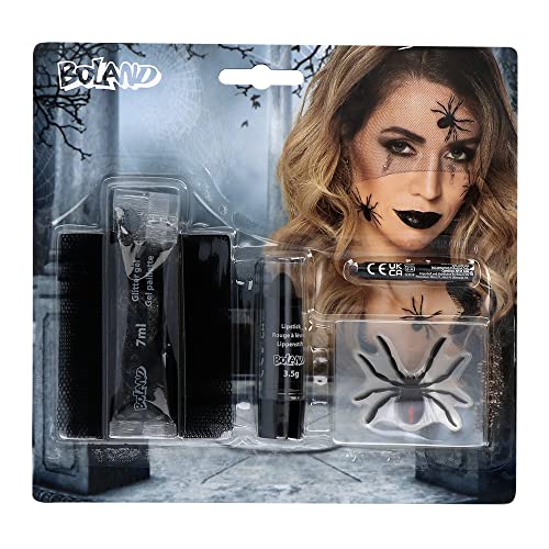 Boland 45097 - Schminkset Schwarze Witwe, 1 Tüllstoff, 1 Lippenstift, 4 Aufkleber, 1 Schminkstift und 1 Glitzergel, Schminke, Set, Make-Up, Spinne, Hexe, Halloween, Karneval, Mottoparty von Boland