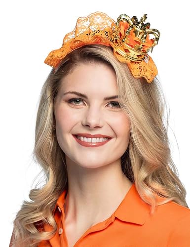 Boland 61829 - Haarreif Königin, Gold-Orange, Unisex, Krone mit Spitzenstoff, Tiara, Niederlande, Fanartikel, Fußball, EM, WM, Karneval, Mottoparty von Boland