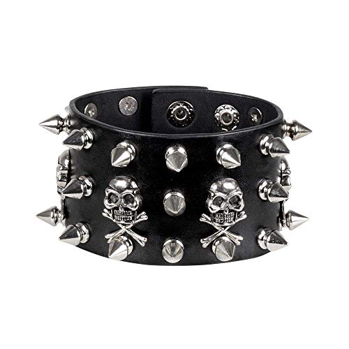 Boland 64518 - Armband Biker, 1 Stück, Einheitsgröße, Schwarz, Lederlook, Nieten, Totenköpfe, Rocker, Punker, Modeschmuck, Armkette, Accessoire, Kostüm, Verkleidung, Karneval, Mottoparty von Boland