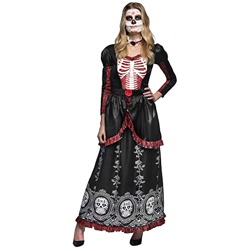 Boland - Erwachsenen-Kostüm Totenkopf, langes Kleid und Choker, Senora Adriana, Dia de los Muertos, Verkleidung, Halloween, Karneval, Mottoparty von Boland