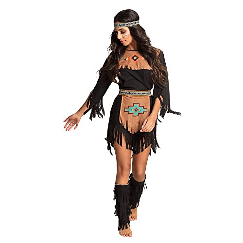 Boland - Kostüm für Erwachsene Indianerin, Braun und Schwarz mit bunten Mustern, Kostümset bestehend aus: Stirnband, Kleid, Gürtel, Stulpen, ideal für Karneval oder Mottoparty von Boland