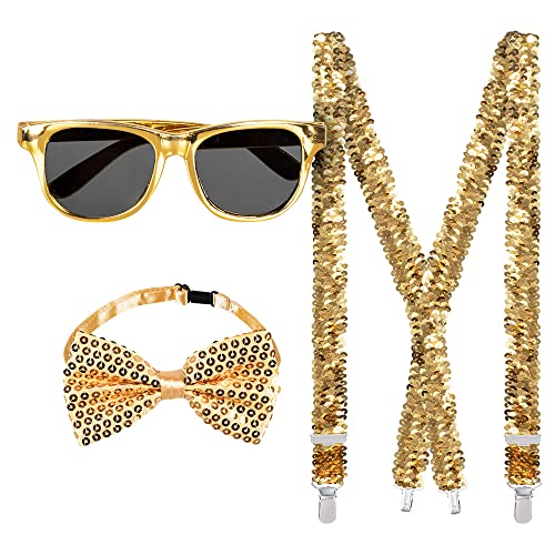 Boland - Party Accessoires im Set, 3-teilig, Brille, Fliege und Hosenträger, glänzende Pailletten, Kostüm-Zubehör, Karneval, Silvester, Mottoparty, Gold Boland - Party Accessoires im Set, 3-teilig, Brille, Fliege und Hosenträger, glänzende Pailletten, Kostüm-Zubehör, Karneval, Silvester, Mottoparty, Gold von Boland