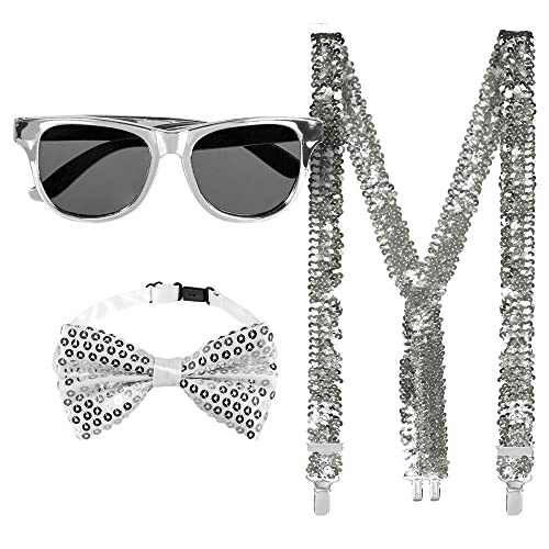 Boland - Party Accessoires im Set, 3-teilig, Brille, Fliege und Hosenträger, glänzende Pailletten, Kostüm-Zubehör, Karneval, Silvester, Mottoparty, Silber Boland - Party Accessoires im Set, 3-teilig, Brille, Fliege und Hosenträger, glänzende Pailletten, Kostüm-Zubehör, Karneval, Silvester, Mottoparty, Silber von Boland