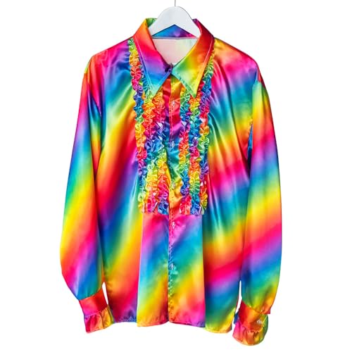 Boland - Camicia da discoteca con volant, colori arcobaleno, per uomo, costume, camicia da festa, anni '70, tema della festa, carnevale Boland - Camicia da discoteca con volant, colori arcobaleno, per uomo, costume, camicia da festa, anni '70, tema della festa, carnevale von Boland