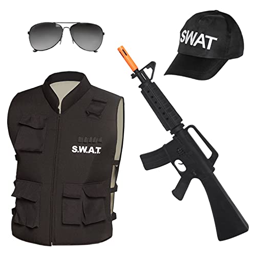 Boland - SWAT-Set für Erwachsene, schwarz-weiß, Gewehr-Attrappe, Weste, Mütze und Brille, Waffe, Jacke, Basecap, Sonnenbrille, Kostüm, Karneval, Mottoparty von Boland