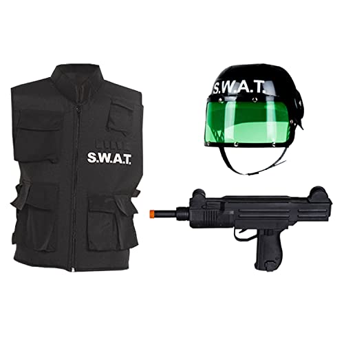 Boland - SWAT-Set für Kinder, schwarz-weiß, Gewehr-Attrappe, Weste und Helm mit Visier, Waffe, Jacke, Kopfbedeckung, Kostüm, Karneval, Mottoparty von Boland