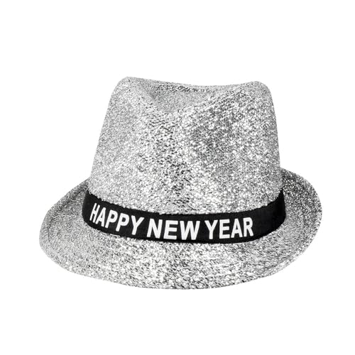 Boland 13450 - Hut Sparkling Happy New Year, Silber mit Glitzer, funkelnder Fedora für Silvester, Hutband mit Schrift, Accessoire, Geschenk von Boland