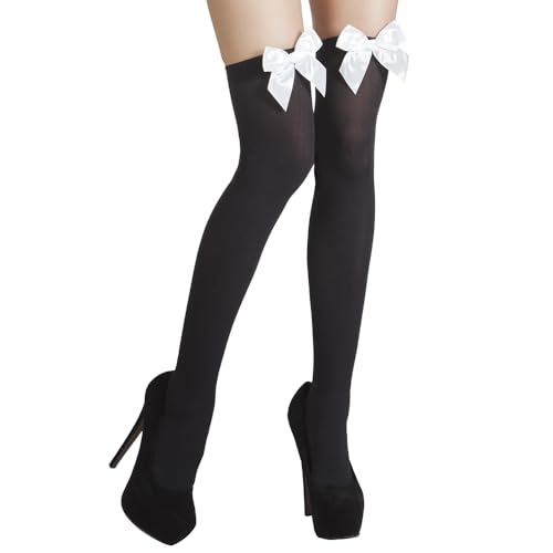 Boland 02272 - Strümpfe Bow, schwarz mit weißer Schleife, halterlos, blickdicht, Overknees, Damen, one size, Karneval, Halloween, Fasching, Mottoparty, Verkleidung, Theater, Accessoire von Boland