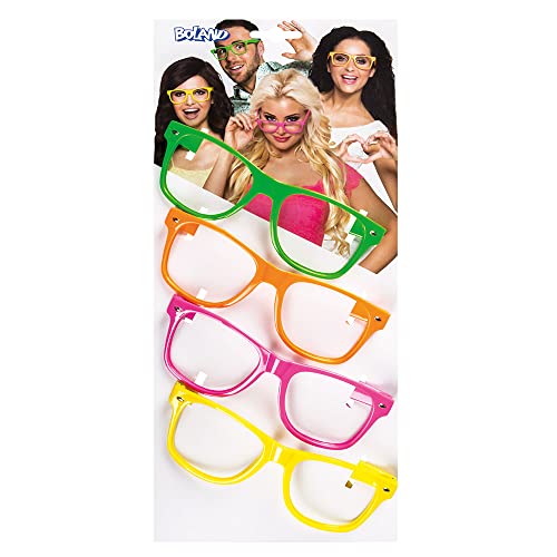 Boland - Brillen Party-Set, 4 Stück, Deko-Brille ohne Gläser, Kunststoff, 80er Jahre, Mottoparty, Themenparty von Boland