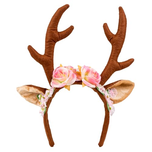 Boland 04276 - Haarreif Rentier mit Ohren und Blüten, Tiara, Kopfbedeckung, Reh, Hirsch, Tier, Accessoire, Mottoparty, Karneval, Kostüm von Boland