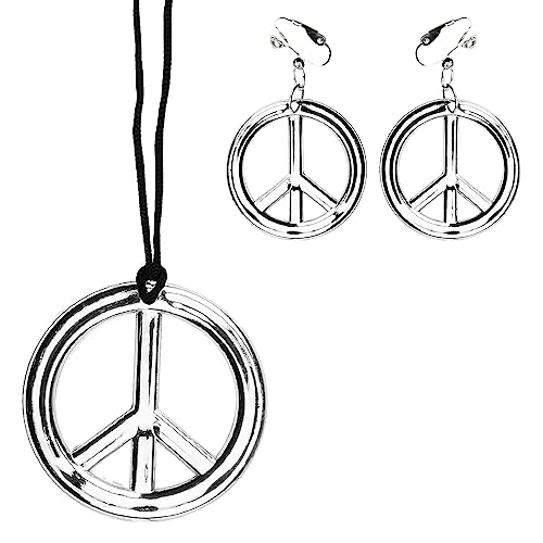 Boland 44517 - Schmuckset Peace, 3-teiliges Set, zwei Ohrringe und eine Halskette, Modeschmuck, Hippie, 70er Jahre, Flower-Power, Accessoire, Karneval, Mottoparty von Boland