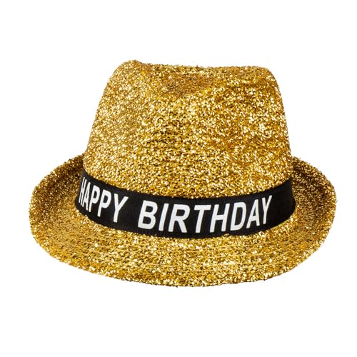 Boland 00941 - Hut Happy Birthday, Hut für den Geburtstag, Gold, Glitzer, Banderole schwarz-weiß mit Schrift, Accessoire, Geschenk, Outfit, Party von Boland