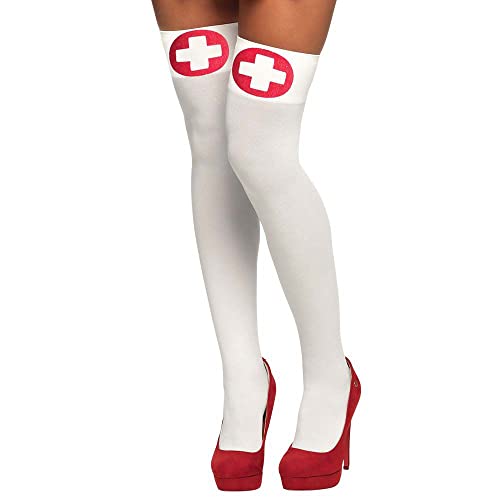 Boland 02254 - Strümpfe Krankenschwester, dehnbare Overknees, 100% Nylon, Socken, mit rotem Kreuz, Accessoire, Kostüm, Karneval, Themenparty, Mottoparty von Boland