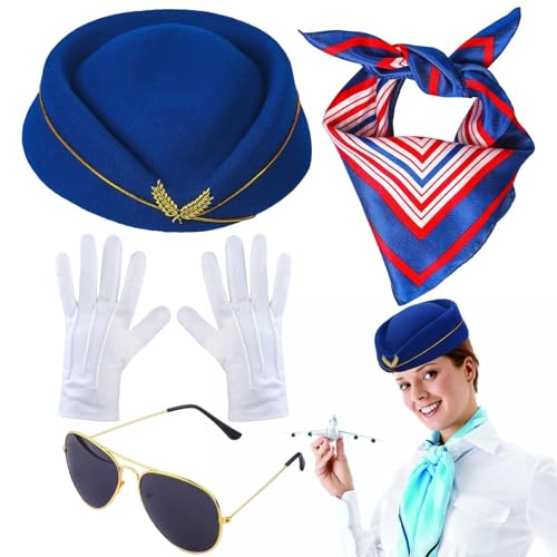 BommFu 4 Stück Damen Stewardess Kostümzubehör | Flugbegleiterin Hut Stewardess Cosplay Set | Stewardess Hut Schal Schal Handschuhe Sonnenbrille - Für Flugbegleiter Für Cosplay Zubehör, Maskerade BommFu 4 Stück Damen Stewardess Kostümzubehör | Flugbegleiterin Hut Stewardess Cosplay Set | Stewardess Hut Schal Schal Handschuhe Sonnenbrille - Für Flugbegleiter Für Cosplay Zubehör, Maskerade von BommFu