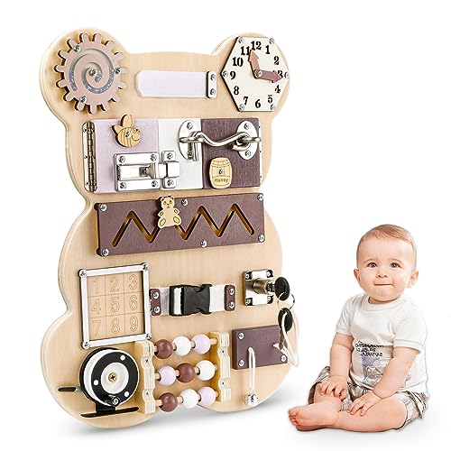 Montessori-Aktivitätsbrett, Spielzeug für 1 bis 4 Jahre, Holzpuzzle, Montessori-Spielzeug, sensorisches Lernspielzeug, Geburtstagsgeschenk für Kinder, Jungen, Mädchen, Braun von Bomoya