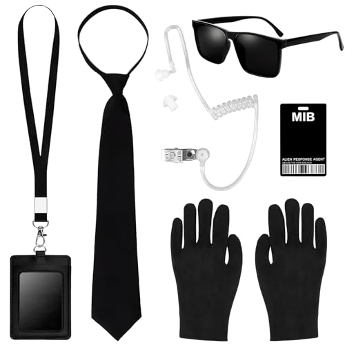 Bomtop 8PCS Agent Kostüm Zubehör, Men in Black Kostüm Zubehör, Geheimdienst Kostüm Set, Spion Kostüm Zubehör mit Schwarzer Sonnenbrille Zip Krawatte Hörer ID Karte und Kartenhalter für Männer Frauen von Bomtop