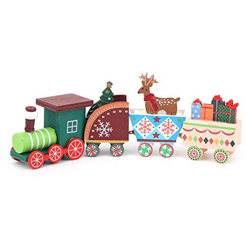 Bonbela Hölzerne Zugset Weihnachtsspielzeug für Kinder 4-Seption DIY Holiday Train Dekor mit Haken Design Rotes Grün Weiße Farbe Kaffee (Bunt) von Bonbela