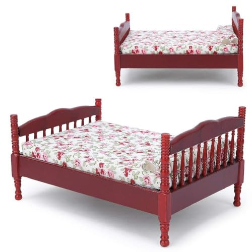 Bonbela Puppenhaus Bett 12 Miniatur Bett 1:12 Maßstab Bett Holz Puppen Haus Möbel Weiß Braun Kleines Blumenmuster mit Exquisiter Verarbeitung für Wohnzimmer Schlafzimmer Dekoration (Braun) von Bonbela