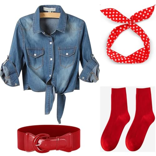 Bonuci 1940er Jahre Frau Historisch Kostüm Kit 3/4 Ärmel Denim Cropped Top Polka Dot Stirnband Gürtel Socken für Halloween, Jeansblau, Rot, Weiß, XL von Bonuci