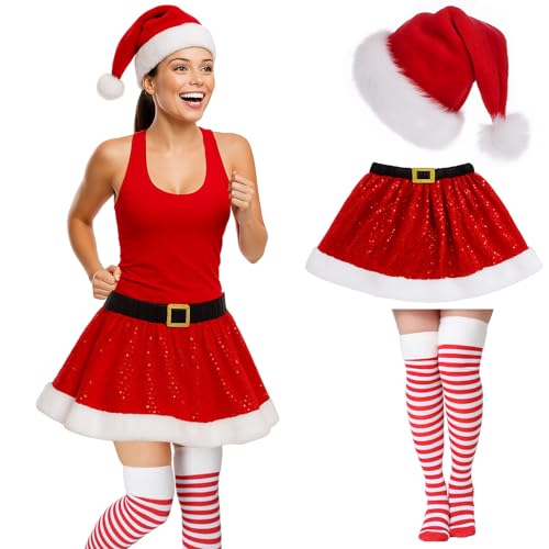 Bonuci 3-teiliges Weihnachts-Laufkostüm inklusive Tutu-Rock, Hut, gestreift, kniehohe Socken, Weihnachts-Kostüm-Zubehör für Damen, Rot/Ausflug, einfarbig (Getaway Solids), 12.99 x 15.75 inches/33 x 40 von Bonuci