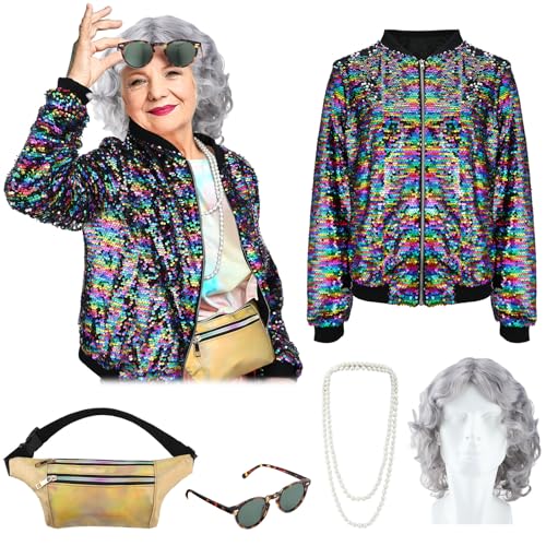 Bonuci 5 Stück graue alte Dame Perücke Oma Brille Pailletten Langarm Jacke Laser Tasche Schnur aus Perlen Halskette für Party Kostüm, siehe Abbildung, Einheitsgröße von Bonuci