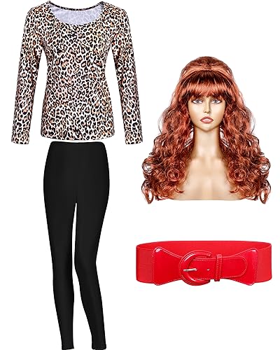 Bonuci Halloween-Kostüm, 80er-Jahre-Kostüm, verheiratete Frauen, Leopardenmuster, Oberteil, Strumpfhose, Kupferrot, Perücke, breiter dehnbarer Gürtel für Cosplay, 4 Stück, Schwarz, XL Bonuci Halloween-Kostüm, 80er-Jahre-Kostüm, verheiratete Frauen, Leopardenmuster, Oberteil, Strumpfhose, Kupferrot, Perücke, breiter dehnbarer Gürtel für Cosplay, 4 Stück, Schwarz, XL von Bonuci