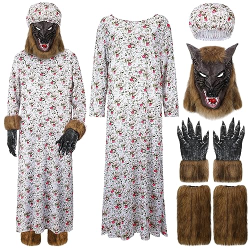Bonuci Halloween Wolf Oma Kostüm Erwachsene Cosplay Kleid Outfit mit Hut Wolf Kopf Maske Handschuhe Beinwärmer für Party, Weiss/opulenter Garten, Einheitsgr��e von Bonuci
