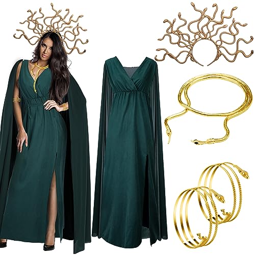 Bonuci Medusa-Schlangenkostüm für Damen, Medusa-Outfit, griechische Königin-Kostüm, Halskette, Stirnband für Cosplay (XXL, grün) von Bonuci