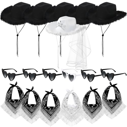 Cowgirl-Dekorationen für Junggesellinnenabschiede, Cowboyhut, Strass, Bandana, Herz, Brille für letzte Disco, stilvoller Stil, Weiß, Schwarz, 6 Sets von Bonuci