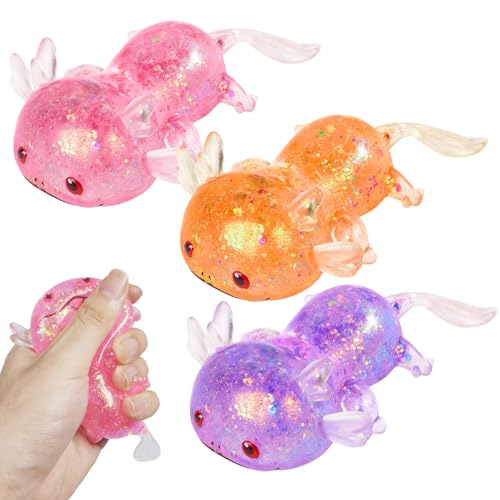 3 Stück Axolotl Spielzeug,Squeeze Toy Axolotl Squishy Toy Süßes Cartoon-Glitzernder Squishy Squeeze Spielzeug zum Stressabbau Entspannendes Sensorisches Erwachsene Kinder für Partys,Geburtstage von Booaee