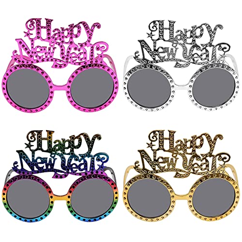 4 Stück Happy New Year Brillen, Neujahr Sonnenbrille, Lustige Spaßbrille Neujahr Eyewear, 2025 Party Brille, Photo Booth Brille für Kostümparty Foto-Requisiten für Erwachsene und Kinder von Booaee