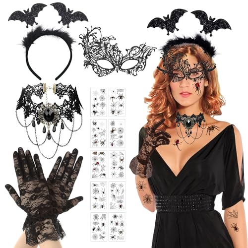 Halloween Kostüm Damen, 5 Fledermaus Haarreif, Halloween Masken Kostüm Zubehör Lace Venezianische Masken Gothic Schmuck Halskette Choker Zubehör Vintage, Gothic Halskette Set für Halloween Maskenball von Booaee