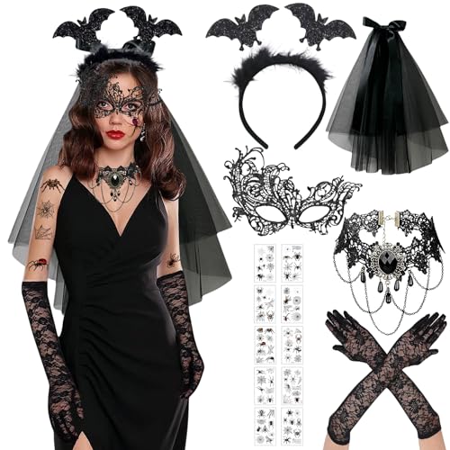 Halloween Kostüm Damen - 6 Stück Accessoires, Fledermaus Kostüm, Schmuck Zubehör, Venezianische Maske, Gothic Halloween Kostüm Damen - 6 Stück Accessoires, Fledermaus Kostüm, Schmuck Zubehör, Venezianische Maske, Gothic von Booaee