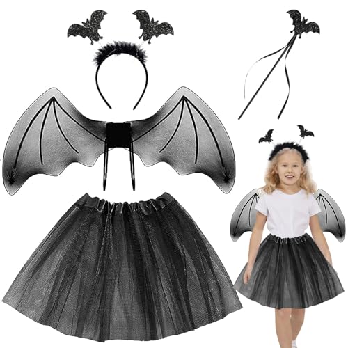 Halloween Kostüm Kinder, 4 PCS Fledermaus Kostüm Kinder Damen, Halloween Fledermaus Kostüm Set, Fledermaus Flügel Kostüm Damen mit Tüllrock, für Halloween Karneval Fasching Mottoparty Cosplay Party von Booaee