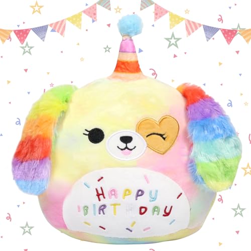 Happy Birthday Plüschtier,25cm Hund Kuscheltier Regenbogen Plüschkissen Hund Kuscheltier Stofftier Geburtstags Geschenk für Mädchen Cartoon Plüsch Spielzeug Kawaii Plüsch Puppe Kinder Erwachsene von Booaee